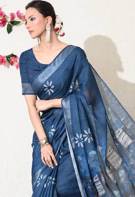 blue floral printed cotton blend saree with unstitched blouse piece 4
