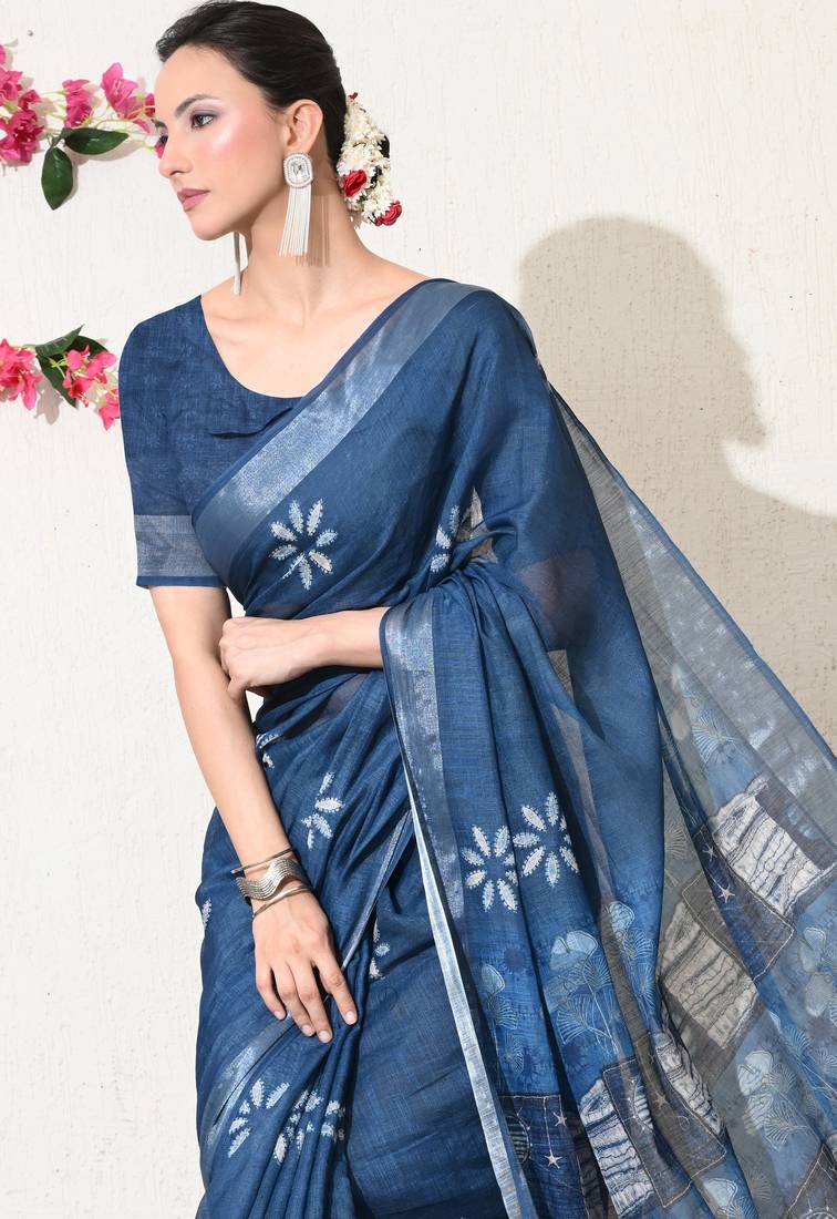 blue floral printed cotton blend saree with unstitched blouse piece