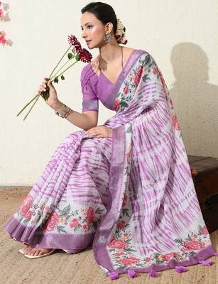 off white floral printed cotton blend saree with unstitched blouse piece 2