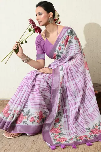 off white floral printed cotton blend saree with unstitched blouse piece