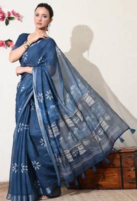 blue floral printed cotton blend saree with unstitched blouse piece 5