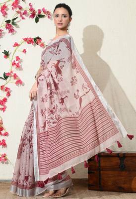 pink floral printed cotton blend saree with unstitched blouse piece 5