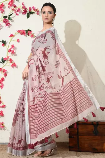pink floral printed cotton blend saree with unstitched blouse piece