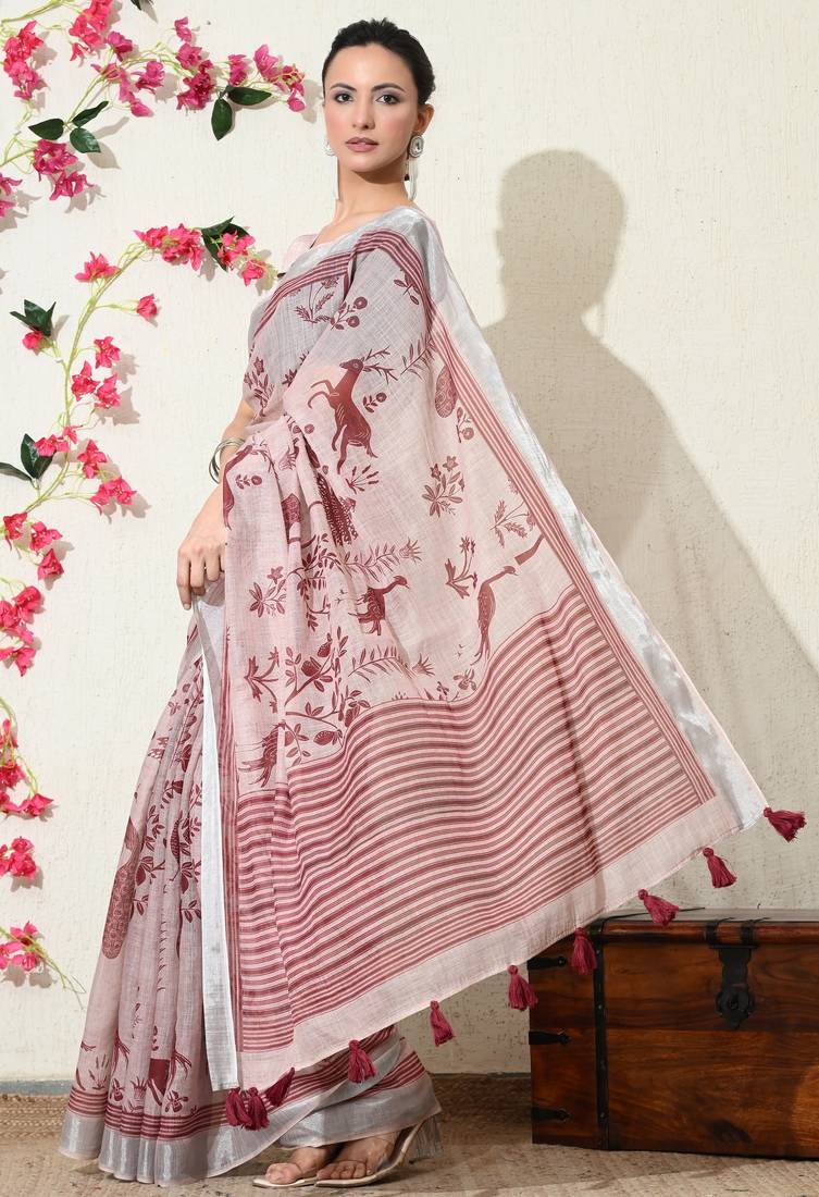 pink floral printed cotton blend saree with unstitched blouse piece