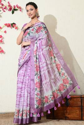 off white floral printed cotton blend saree with unstitched blouse piece 3