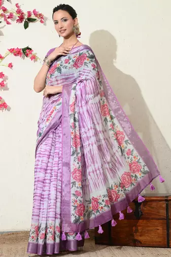 off white floral printed cotton blend saree with unstitched blouse piece
