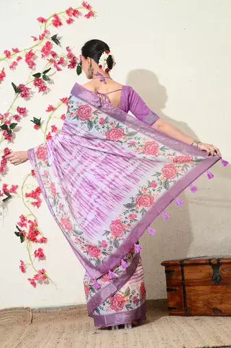 off white floral printed cotton blend saree with unstitched blouse piece