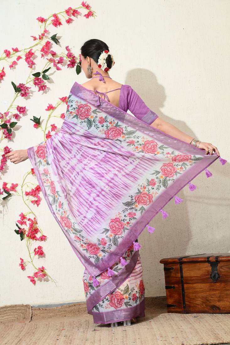 off white floral printed cotton blend saree with unstitched blouse piece