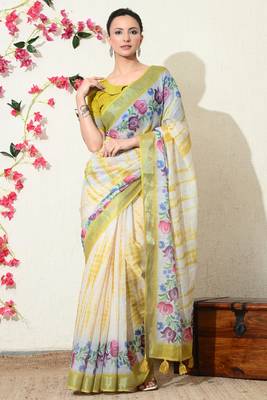 off white floral printed cotton blend saree with unstitched blouse piece 1