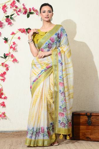 off white floral printed cotton blend saree with unstitched blouse piece