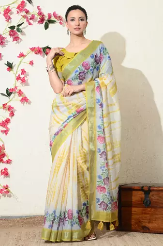 off white floral printed cotton blend saree with unstitched blouse piece