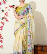 off white floral printed cotton blend saree with unstitched blouse piece