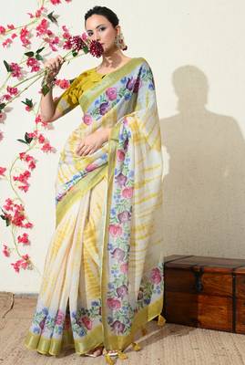 off white floral printed cotton blend saree with unstitched blouse piece 2