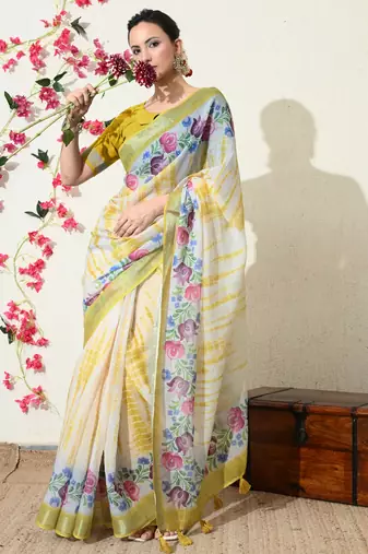 off white floral printed cotton blend saree with unstitched blouse piece