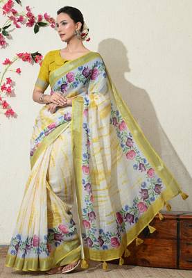 off white floral printed cotton blend saree with unstitched blouse piece 3