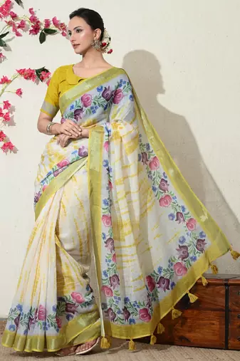 off white floral printed cotton blend saree with unstitched blouse piece