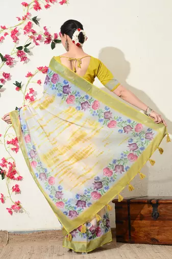 off white floral printed cotton blend saree with unstitched blouse piece