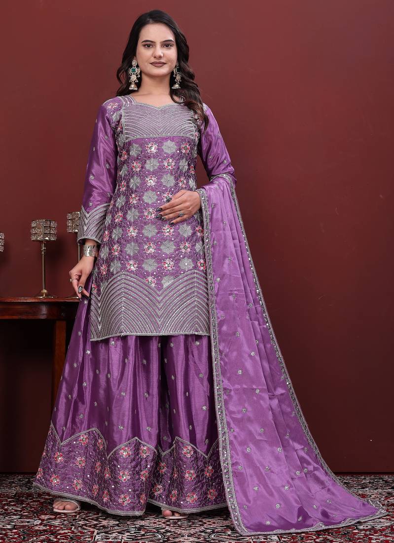 Light lavender  chinon silk  party wear embroidery sharara suit set
