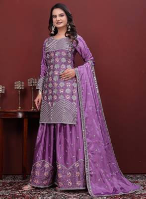 Light lavender  chinon silk  party wear embroidery sharara suit set 2