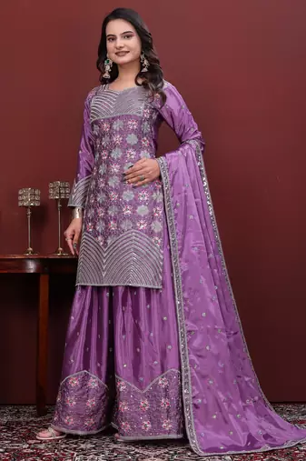 Light lavender  chinon silk  party wear embroidery sharara suit set