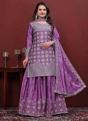 Light lavender  chinon silk  party wear embroidery sharara suit set 3