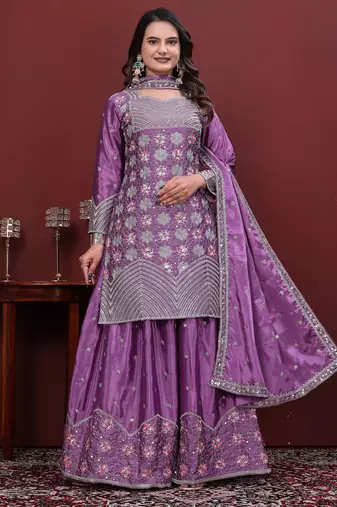 Light lavender  chinon silk  party wear embroidery sharara suit set
