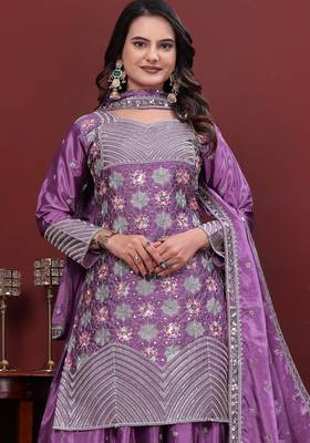 Light lavender  chinon silk  party wear embroidery sharara suit set 4