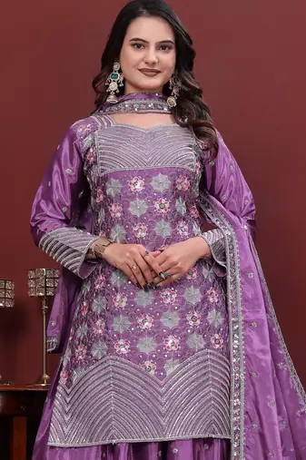 Light lavender  chinon silk  party wear embroidery sharara suit set