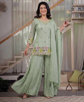 Green pista fendy crush silk party wear sharara palazzo suit set 1