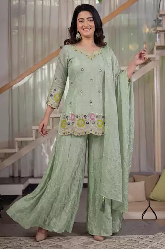 Green pista fendy crush silk party wear sharara palazzo suit set