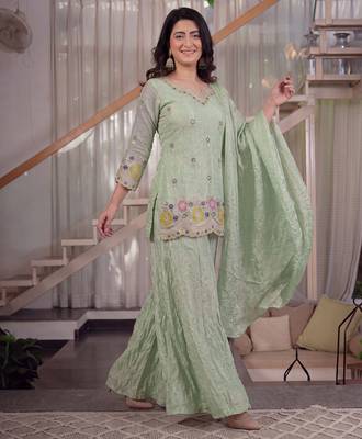 Green pista fendy crush silk party wear sharara palazzo suit set 2