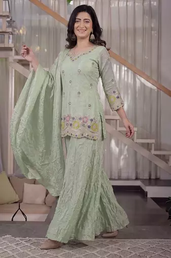 Green pista fendy crush silk party wear sharara palazzo suit set