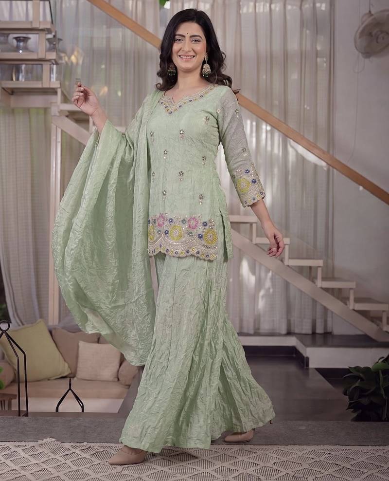 Green pista fendy crush silk party wear sharara palazzo suit set
