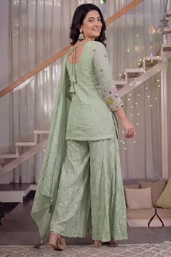 Green pista fendy crush silk party wear sharara palazzo suit set