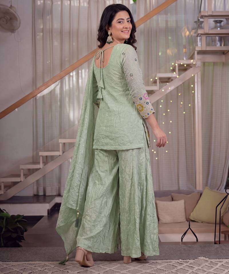 Green pista fendy crush silk party wear sharara palazzo suit set