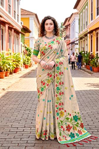 Sangam prints red cotton blend woven work traditional saree