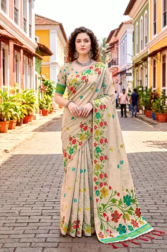 Sangam prints red cotton blend woven work traditional saree