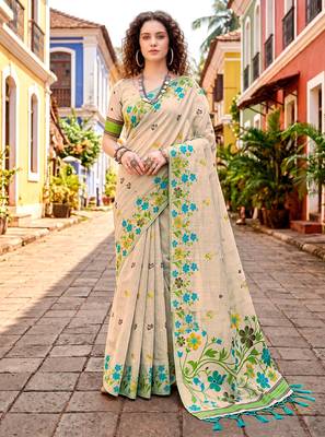 Sangam prints sky blue cotton blend woven work traditional saree 1