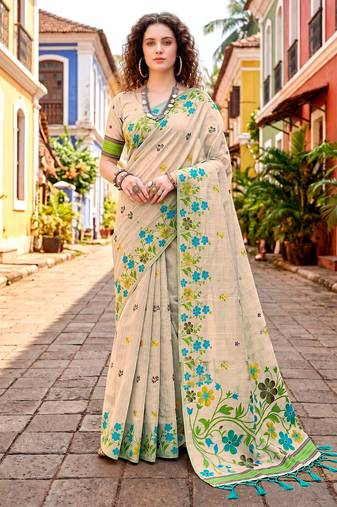 Sangam prints sky blue cotton blend woven work traditional saree