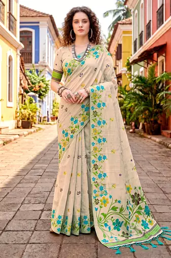 Sangam prints sky blue cotton blend woven work traditional saree