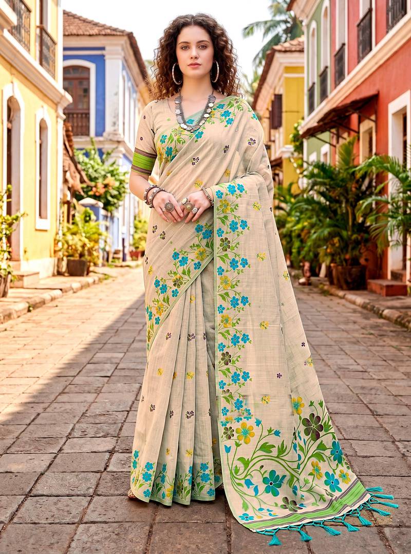 Sangam prints sky blue cotton blend woven work traditional saree