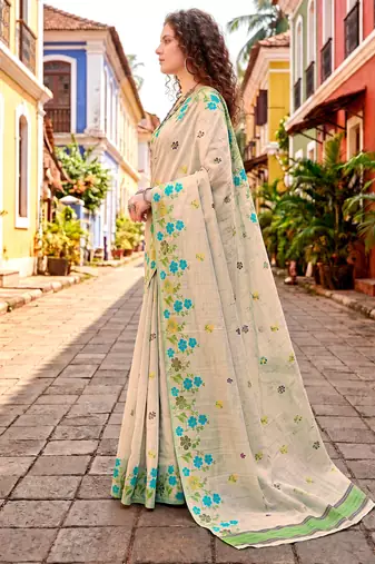 Sangam prints sky blue cotton blend woven work traditional saree