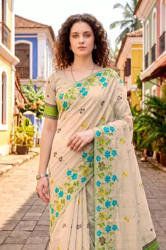 Sangam prints sky blue cotton blend woven work traditional saree