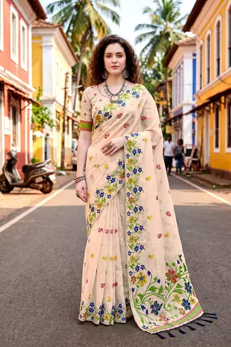 Sangam prints navy blue cotton blend woven work traditional saree