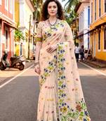 Sangam prints navy blue cotton blend woven work traditional saree