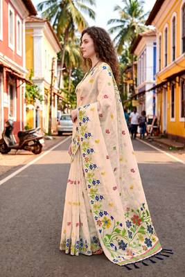 Sangam prints navy blue cotton blend woven work traditional saree 2