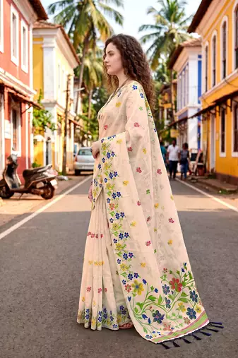 Sangam prints navy blue cotton blend woven work traditional saree