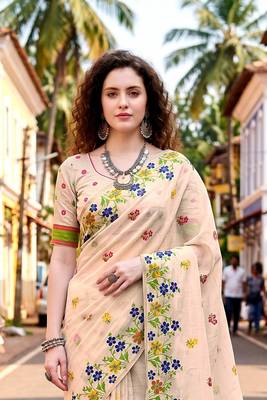 Sangam prints navy blue cotton blend woven work traditional saree 3