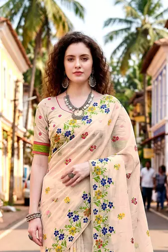 Sangam prints navy blue cotton blend woven work traditional saree
