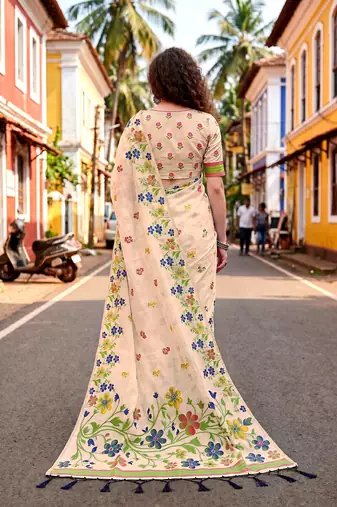 Sangam prints navy blue cotton blend woven work traditional saree